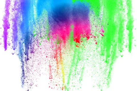 Freeze motion of colored powder explosion isolated on white background. Stock Illustration