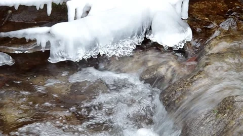 Freezing flowing stream in winter, audio Stock Footage 45587813
