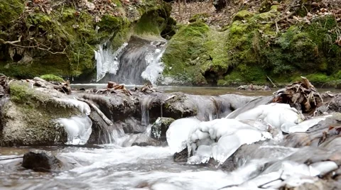 Freezing flowing stream in winter, audio included Stock Footage 45587819