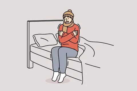 Freezing man is shaking sitting on bed and feeling chills and cold, dressed in Stock Illustration