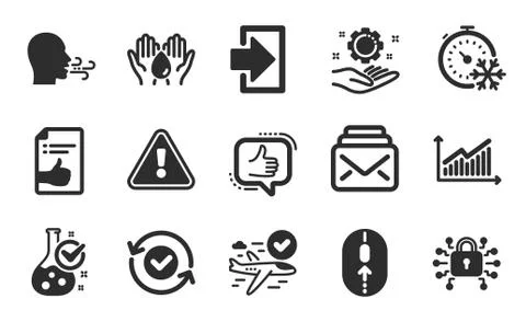 Freezing timer, Confirmed flight and Breathing exercise icons set. Vector Illustrazione stock
