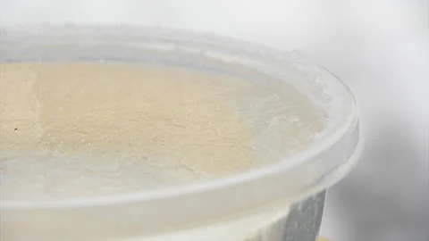 Freezing Water Surface Close Up Timelapse Clear Plastic Bowl Stock Footage 227904946