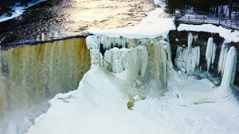 Freezing Waterfall Aerial Pullback Stock-Footage 284956848