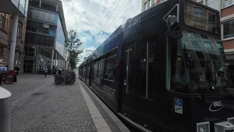 Freiburg Trams Moving Through City Streets Stock Footage 339630677