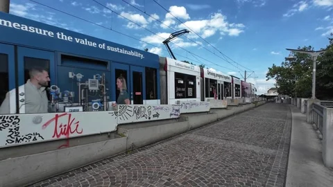 Freiburg Trams Moving Through City Streets Stock Footage 339630786