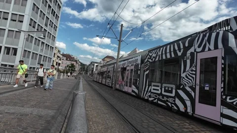 Freiburg Trams Moving Through City Streets Stock Footage 339630869