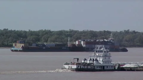 Freight Barge Convoy Navigating Parana River Near Rosario Port, Argentina   Stock Footage 145502787