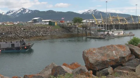 Freight Barge Returning to Harbor 2 Stock Footage 8534629
