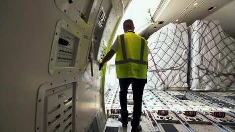 Freight Cargo plane Qatar inside unit load device ULD Stock Footage 142943359