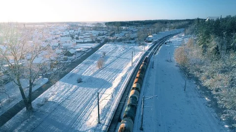 Freight Cargo Train Going Through Winter Snowy Forest, Aerial View Stock-Footage 105349101