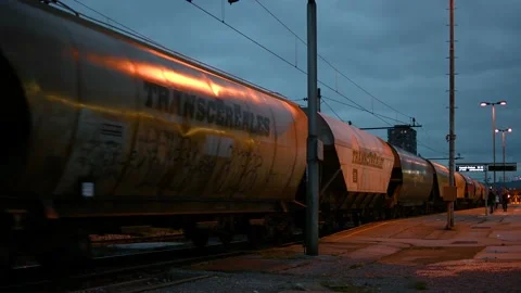 Freight cargo train wagons arrival Stock Footage 170666242