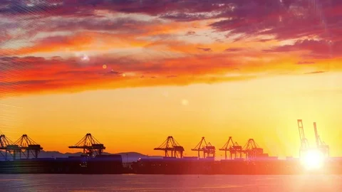 Freight Container Cargo Ship  Port Sunset Lens Flare Background, Heavy Industry Stock Footage 85451250