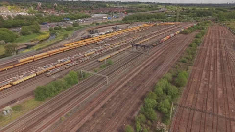 Freight Container Train Moving Through Railway Yard Aerial Vidéo 334627823