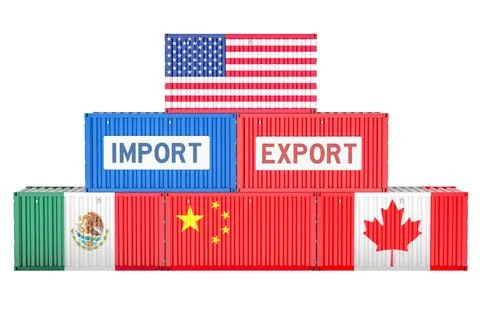 Freight containers stack with the USA, Canadian, Mexican and Chinese flags... Stockillustratie