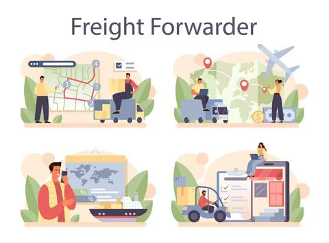 Freight forwarder concept set. Loader in uniform delivering a cargo. Stock Illustration