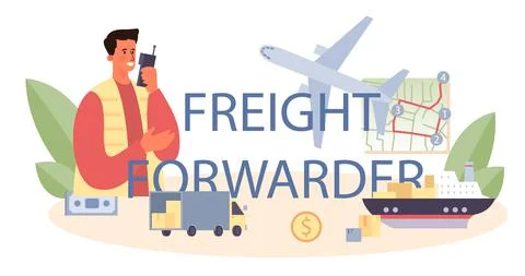 Freight forwarder typographic header. Loader in uniform delivering Stock Illustration