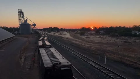 Freight grain train waiting beside silos and railway tracks at sunset in the Stock Footage 347131610