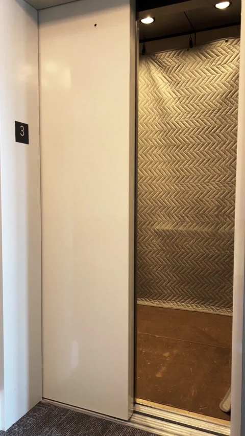 Freight moving elevator with protection pads door opening and closing Stock Footage 278119013