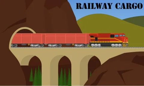 Freight railroad train over the bridge. Stock Illustration