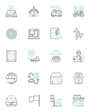 Freight services linear icons set. Cargo, Shipment, Logistics, Transportation Stock Illustration