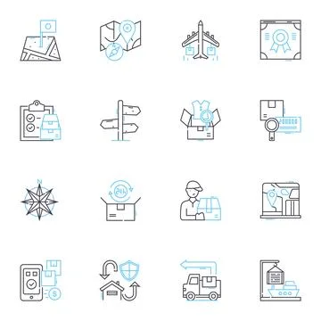 Freight services linear icons set. Cargo, Shipment, Logistics, Transportation Stock Illustration