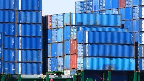 Freight ship with blue color container 4k intro video for business Stock Footage 94554997