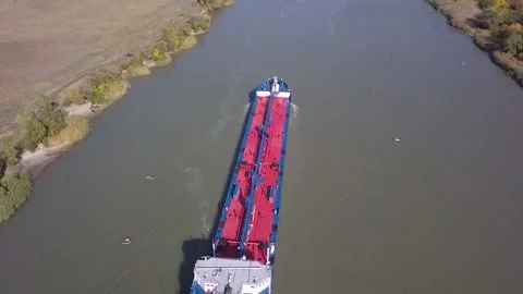 Freight ship floating on river Don. Aerial side view cargo ship with freight Video stock 131714268