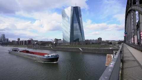 Freight ship on the Main River in Front of European Central Bank Видео 289768891