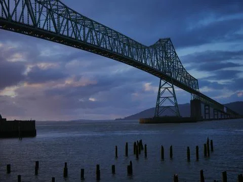 Freight Ship under Megler Bridge in Astoria, Oregon Stock Photos