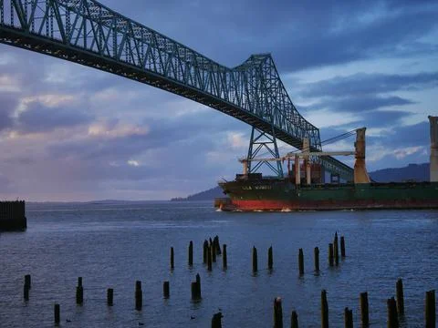 Freight Ship under Megler Bridge in Astoria, Oregon Stock Photos