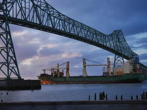 Freight Ship under Megler Bridge in Astoria, Oregon Stock Photos