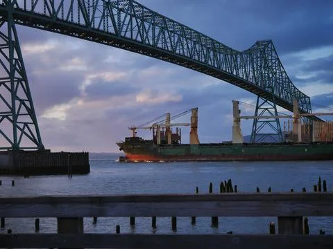 Freight Ship under Megler Bridge in Astoria, Oregon Stock Photos