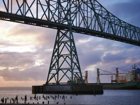 Freight Ship under Megler Bridge in Astoria, Oregon Stock Photos