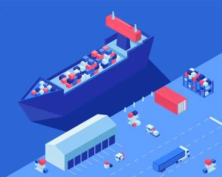 Freight ship unloading isometric vector illustration. Shipment distribution Stock Illustration