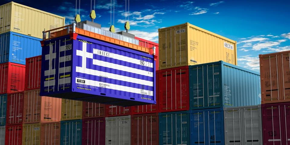 Freight shipping container with flag of Greece on crane hook Stock Illustration