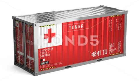 Freight shipping container with national flag of Tonga on white