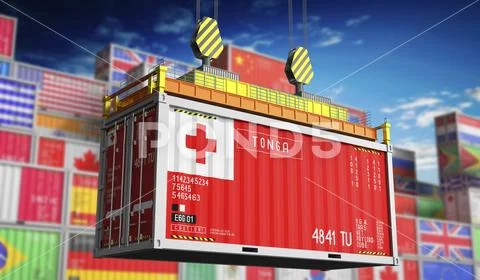 Freight shipping container with national flag of Tonga - 3D