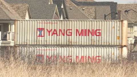 Freight train and shipping containers in residential area with homes close by Vídeo Stock 151666592