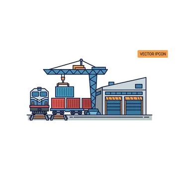 Freight train and warehouse with loading crane with the scene represents a Illustrazione stock