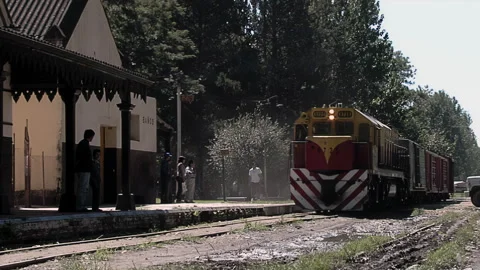 Freight Train Arriving at Old Country Station in Santa Fe Argentina - 4K Stock Footage 340634374