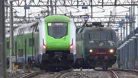 Freight train arriving with whistle and graffiti on locomotive - C0024 Stock Footage 290853407