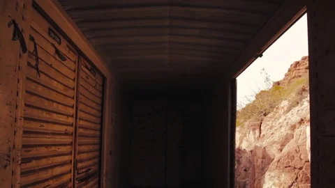 Freight Train Box Car POV Desert Arizona Mountains 8 Stock Footage 79028064