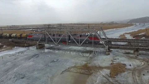 Freight train on the bridge 1 Stock Footage 98274048