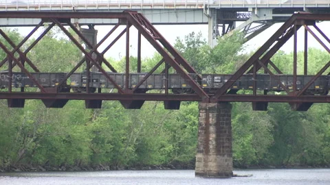 Freight Train on Bridge in Spring Stock Footage 135249952