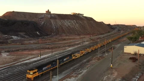 Freight train at Broken Hill railway station in mining town of Australia aerial Stock Footage 271622663