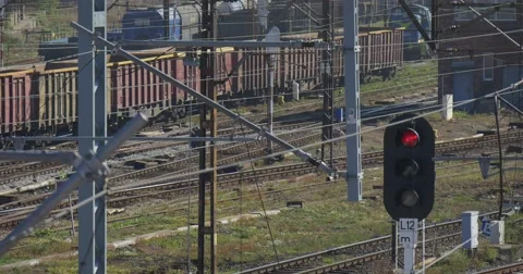 Freight Train With Brown Wagons Other Trains The Railroad Contact Network Stock Footage 55298274