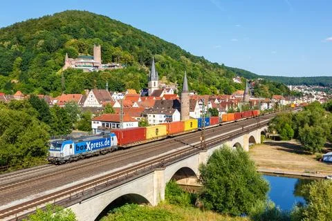 Freight train with cargo container of boxXpress in Gemuenden am Main, Germany Stock Photos
