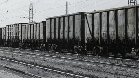 Freight train with cargo containers passes by a camera. moving freight train Vídeo Stock 301420482