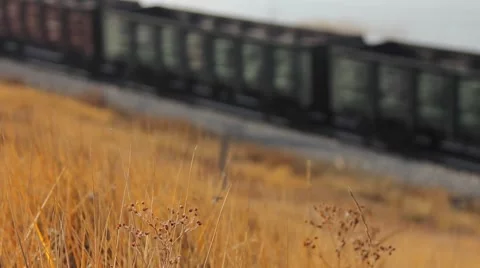 Freight train carrying  containers through scenic landscape. Close-up Stock Footage 64636181