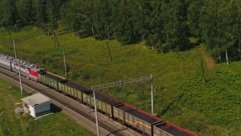 Freight train with cisterns and containers on the railway. Aerial view Container Stock Footage 90065593